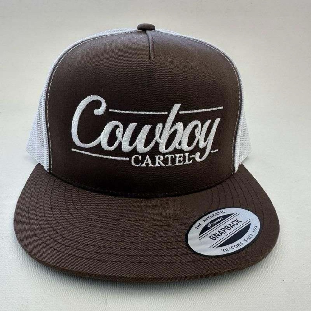 Cowboy Cartel Richardson Flat Bill Trucker Mesh Snapback Cap Hat Brown&White Emb